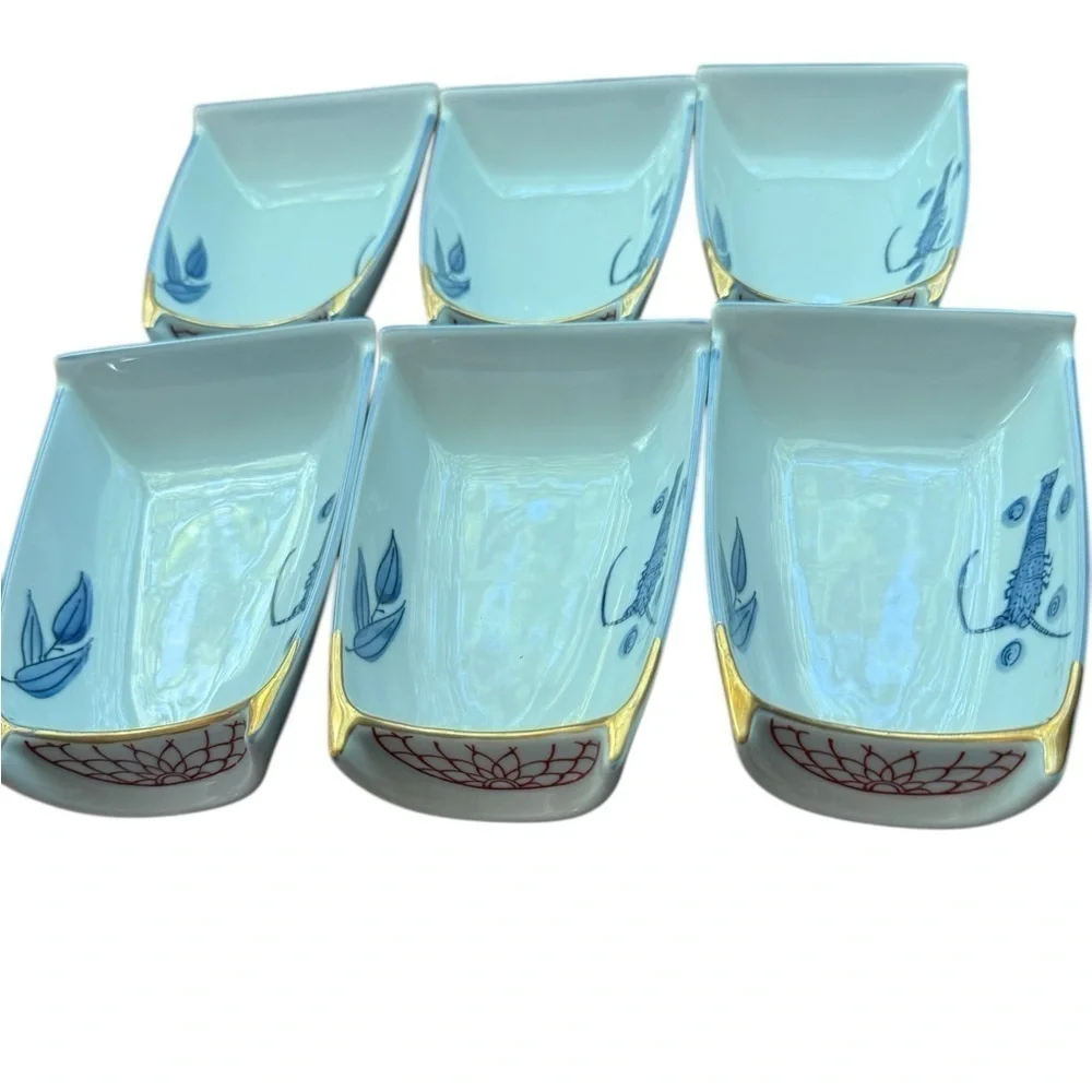 Japanese Porcelain Serving Boats with Prawns and Leaves Gold Decoration Art Deco
